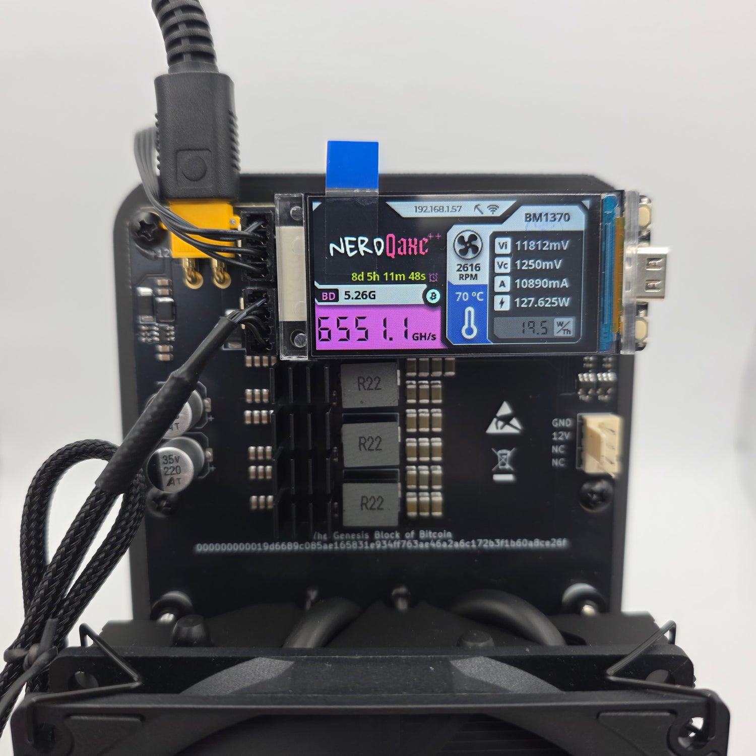 NerdQaxe++ Rev-6 PRO Desktop Bitcoin Miner · Up to 6.5 TH/s · XT30 Power · Dual Cooling Fans · Quiet, Refined Performance